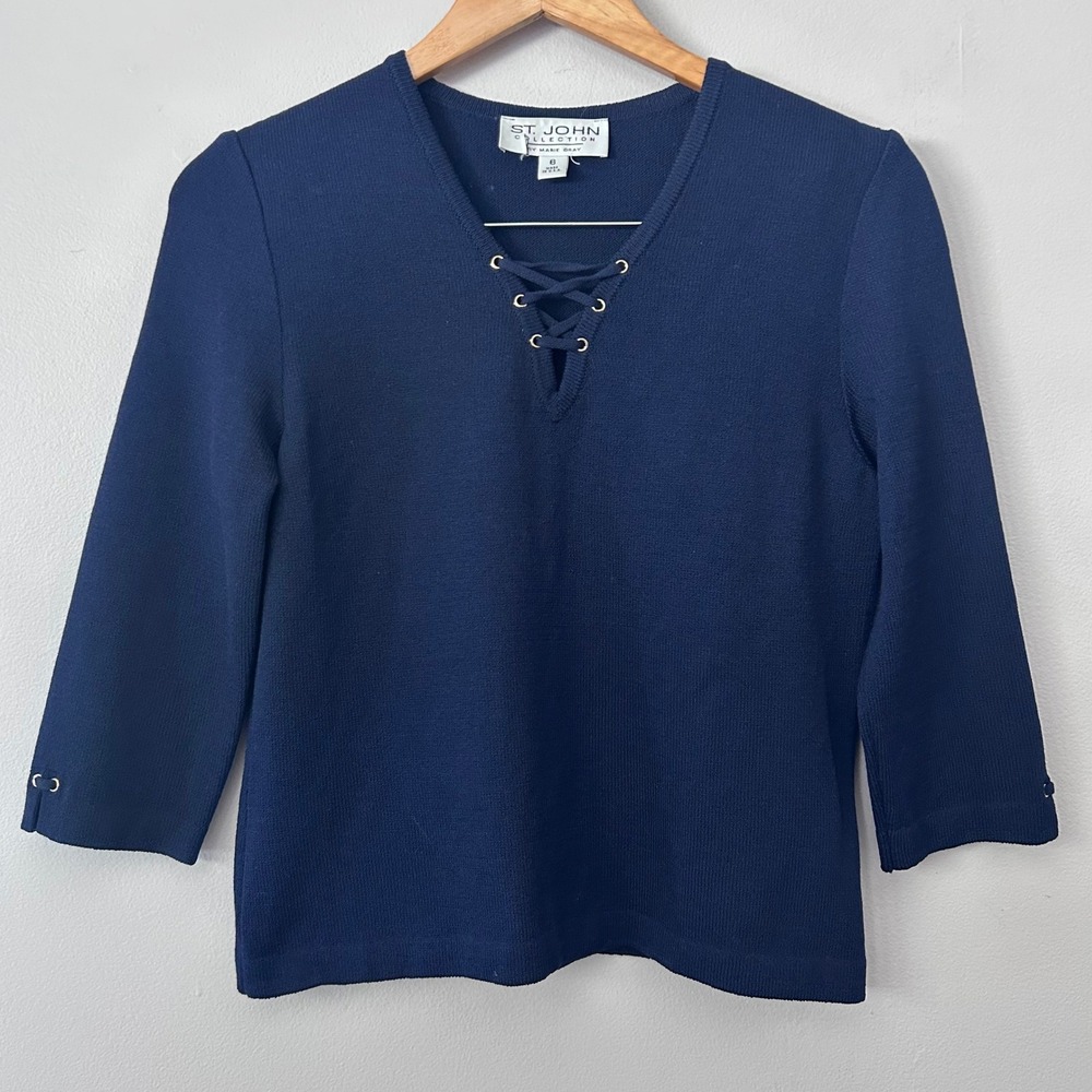 St. John Knit Top Women 6 Navy Blue Lace Up V-Neck 3/4 Sleeve Sweater USA VTG
